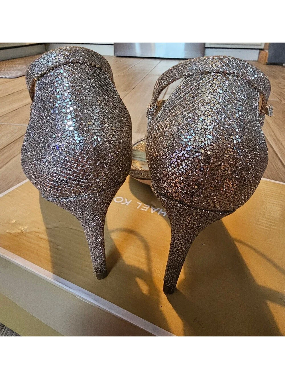 MICHAEL Michael Kors Glitter Heels Women’s 8M Gold Strappy Stiletto